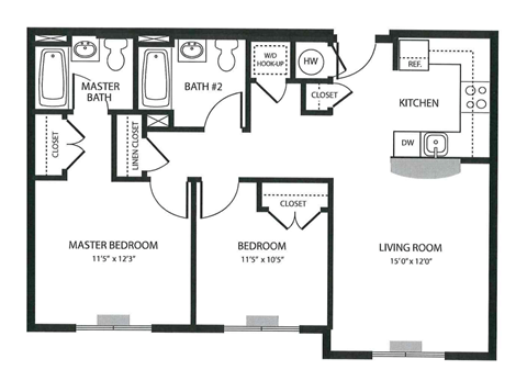 Two Bedroom Floor Plan at Meadowbrook Senior Apartments in Tinton Falls NJ